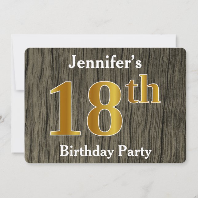 Rustic, Faux Gold 18th Birthday Party; Custom Name Invitation (Front)