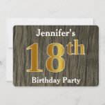 [ Thumbnail: Rustic, Faux Gold 18th Birthday Party; Custom Name Invitation ]