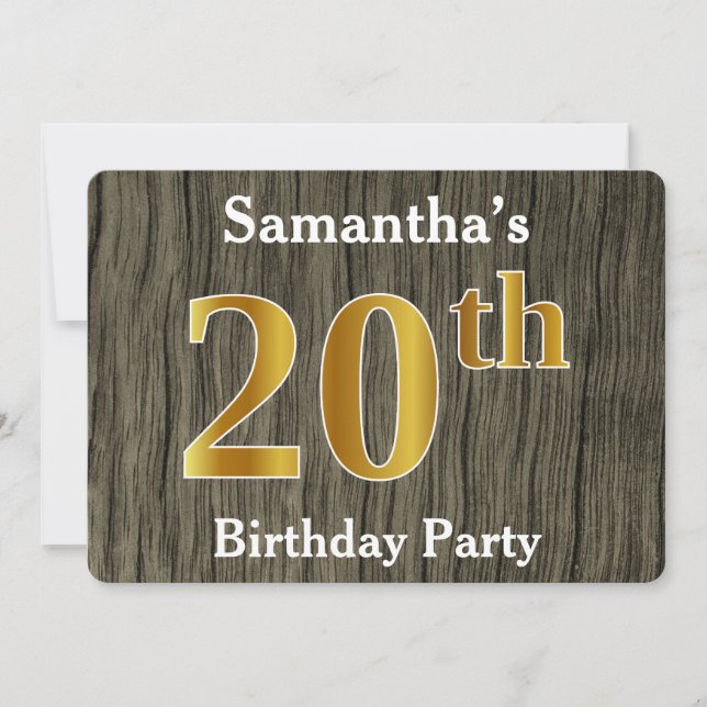Rustic, Faux Gold 20th Birthday Party; Custom Name Invitation (Front)