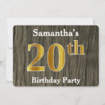 [ Thumbnail: Rustic, Faux Gold 20th Birthday Party; Custom Name Invitation ]