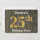 [ Thumbnail: Rustic, Faux Gold 25th Birthday Party; Custom Name Invitation ]