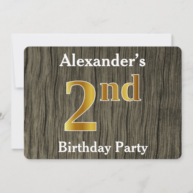 Rustic, Faux Gold 2nd Birthday Party; Custom Name Invitation (Front)