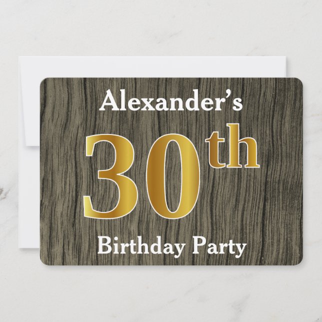 Rustic, Faux Gold 30th Birthday Party; Custom Name Invitation (Front)