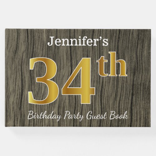 Rustic Faux Gold 34th Birthday Party Custom Name Guest Book