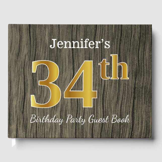 Rustic, Faux Gold 34th Birthday Party; Custom Name Guest Book (Front)