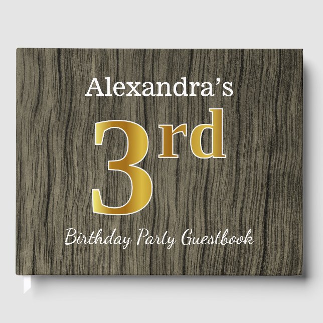 Rustic, Faux Gold 3rd Birthday Party + Custom Name Guest Book (Front)