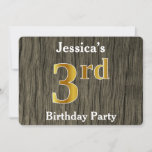 [ Thumbnail: Rustic, Faux Gold 3rd Birthday Party; Custom Name Invitation ]