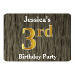 [ Thumbnail: Rustic, Faux Gold 3rd Birthday Party; Custom Name Invitation ]