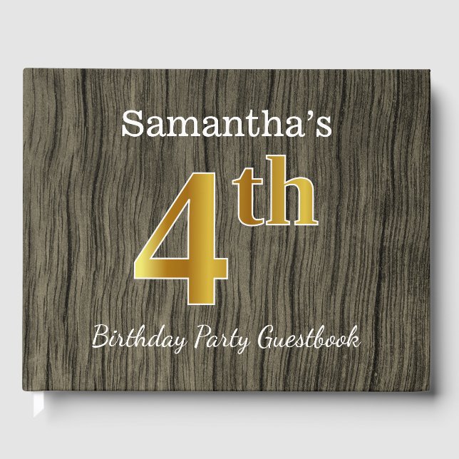 Rustic, Faux Gold 4th Birthday Party + Custom Name Guest Book (Front)