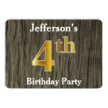 [ Thumbnail: Rustic, Faux Gold 4th Birthday Party; Custom Name Invitation ]