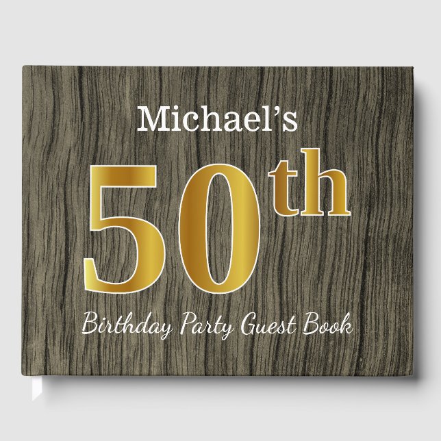 Rustic, Faux Gold 50th Birthday Party; Custom Name Guest Book (Front)