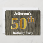 [ Thumbnail: Rustic, Faux Gold 50th Birthday Party; Custom Name Invitation ]