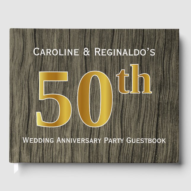 Rustic, Faux Gold 50th Wedding Anniversary Party Guest Book (Front)