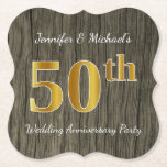 [ Thumbnail: Rustic, Faux Gold 50th Wedding Anniversary Party Paper Coaster ]