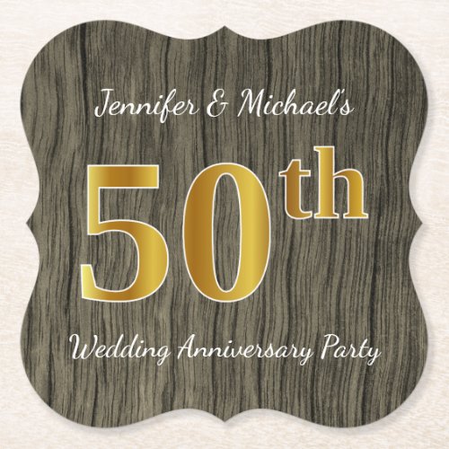 Rustic Faux Gold 50th Wedding Anniversary Party Paper Coaster