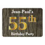 [ Thumbnail: Rustic, Faux Gold 55th Birthday Party; Custom Name Invitation ]