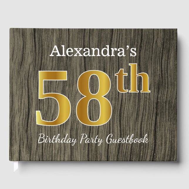 Rustic, Faux Gold 58th Birthday Party; Custom Name Guest Book (Front)