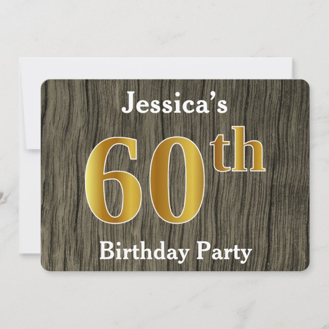 Rustic, Faux Gold 60th Birthday Party; Custom Name Invitation (Front)