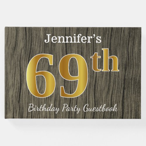 Rustic Faux Gold 69th Birthday Party Custom Name Guest Book