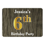 [ Thumbnail: Rustic, Faux Gold 6th Birthday Party; Custom Name Invitation ]