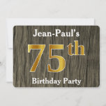[ Thumbnail: Rustic, Faux Gold 75th Birthday Party; Custom Name Invitation ]