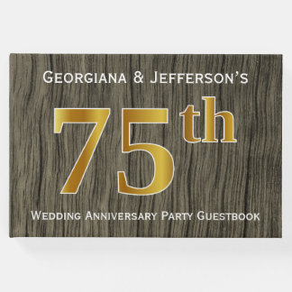 75th Wedding Anniversary T Shirts Gifts Rustic Faux Gold 75th Wedding Anniversary Party Guest Book