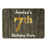 [ Thumbnail: Rustic, Faux Gold 7th Birthday Party; Custom Name Invitation ]