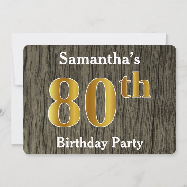 Rustic, Faux Gold 80th Birthday Party; Custom Name Invitation (Front)
