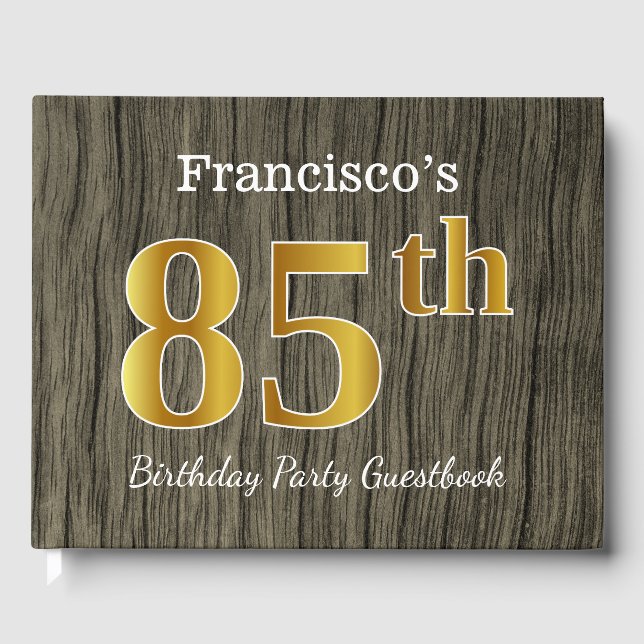Rustic, Faux Gold 85th Birthday Party; Custom Name Guest Book (Front)