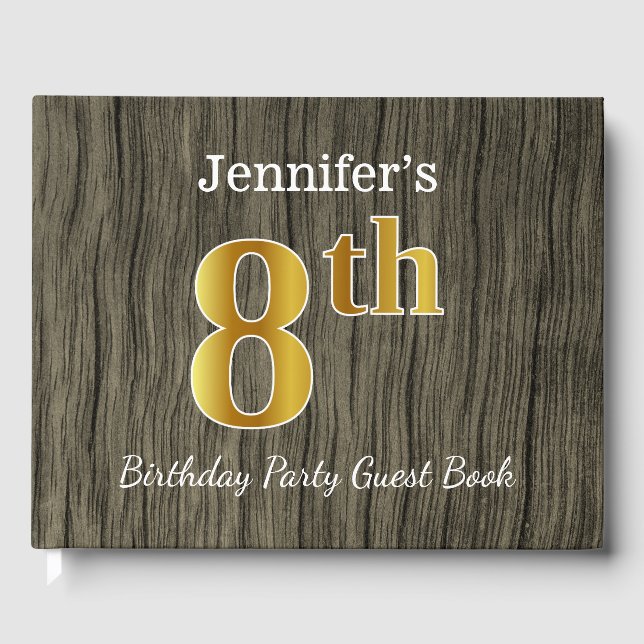 Rustic, Faux Gold 8th Birthday Party + Custom Name Guest Book (Front)