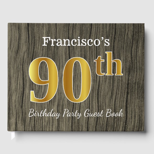 Rustic, Faux Gold 90th Birthday Party; Custom Name Guest Book (Front)