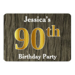 [ Thumbnail: Rustic, Faux Gold 90th Birthday Party; Custom Name Invitation ]