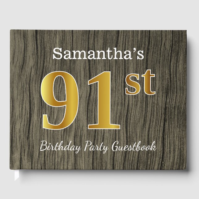 Rustic, Faux Gold 91st Birthday Party; Custom Name Guest Book (Front)