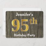 [ Thumbnail: Rustic, Faux Gold 95th Birthday Party; Custom Name Invitation ]