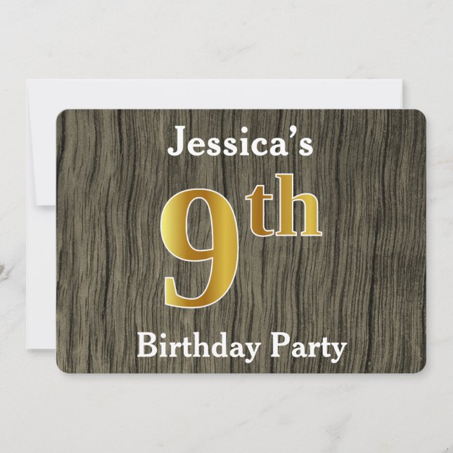 Rustic, Faux Gold 9th Birthday Party; Custom Name Invitation (Front)