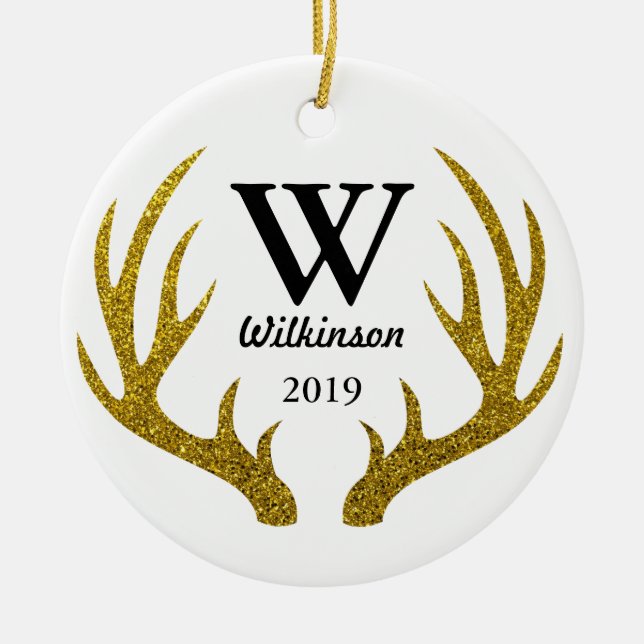 Rustic Faux Gold Glitter Deer Antlers Family Name Ceramic Ornament (Front)