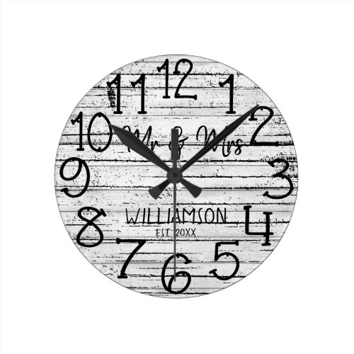 Rustic Faux Grunge Wood Planking Personalized Name Round Clock