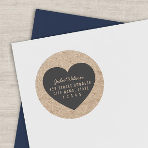 Rustic Faux Kraft and Gray Heart Return Address Classic Round Sticker