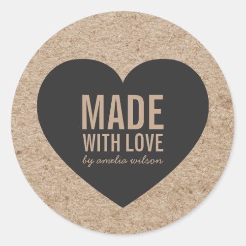 Rustic Faux Kraft and Grey Heart Made with Love Classic Round Sticker