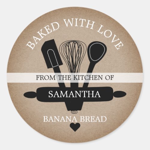 Rustic Faux Kraft  Baked With love  Banana Bread Classic Round Sticker