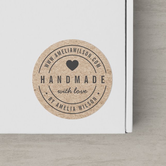 Rustic Faux Kraft Bold Handmade With Love Heart Classic Round Sticker (Creator Uploaded)