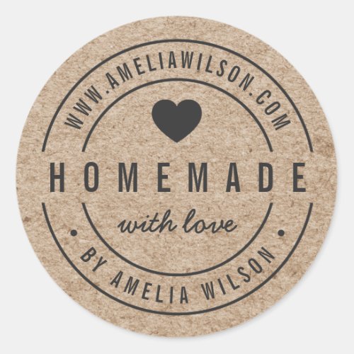 Rustic Faux Kraft Bold Homemade With Love Heart Classic Round Sticker