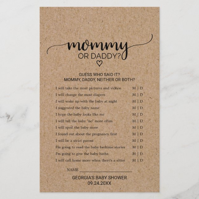 Rustic Faux Kraft Calligraphy Mommy or Daddy Game (Front)
