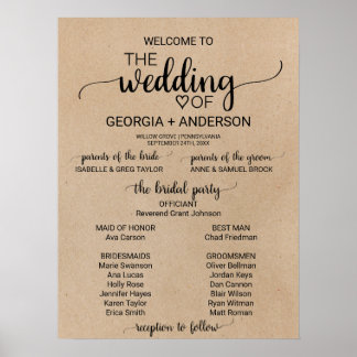 Rustic Faux Kraft Calligraphy Wedding Program Poster