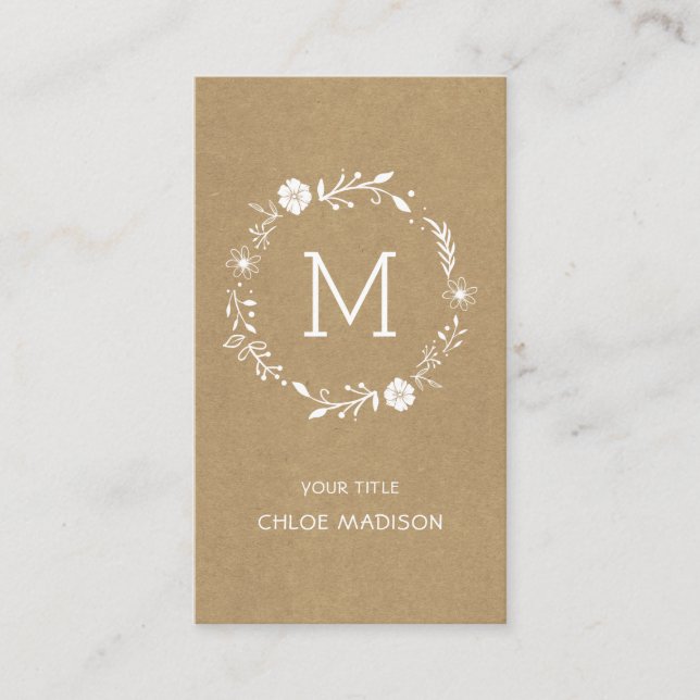 Rustic Faux Kraft Floral Wreath Monogram  Business Card (Front)