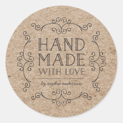 Rustic Faux Kraft Flourishes Hand Made With Love Classic Round Sticker