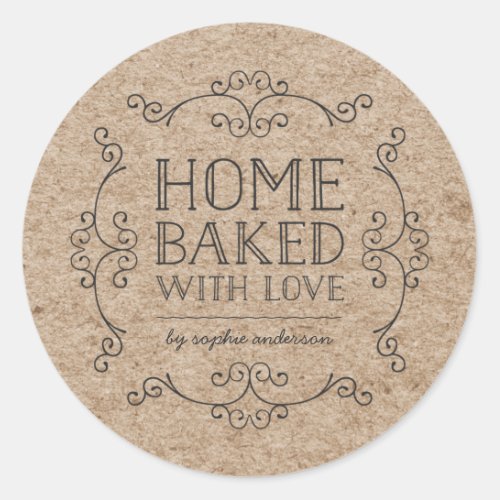 Rustic Faux Kraft Flourishes Home Baked With Love Classic Round Sticker
