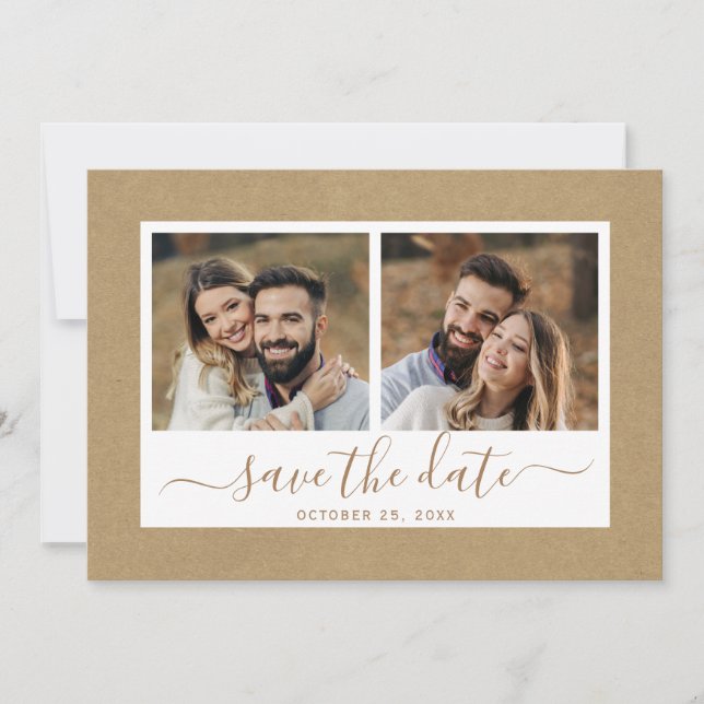 Rustic Faux Kraft Paper Gold Wedding 2 Photo Save The Date (Front)