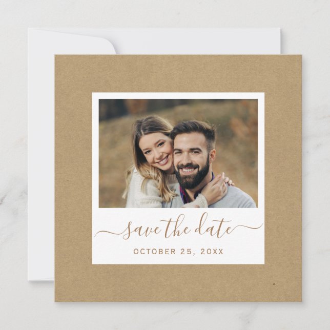 Rustic Faux Kraft Paper Gold Wedding Photo Square Save The Date (Front)
