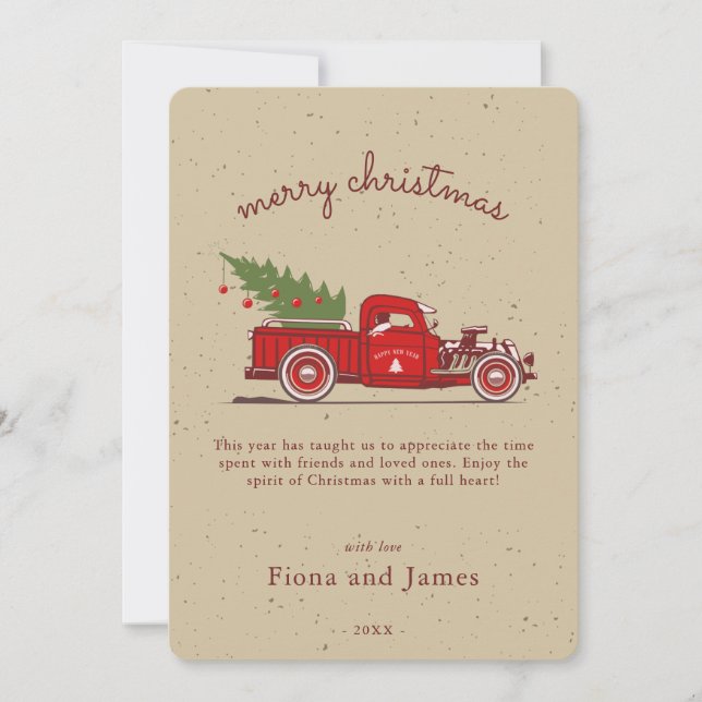 Rustic Faux Kraft Red Truck Tree Personalized Holiday Card (Front)